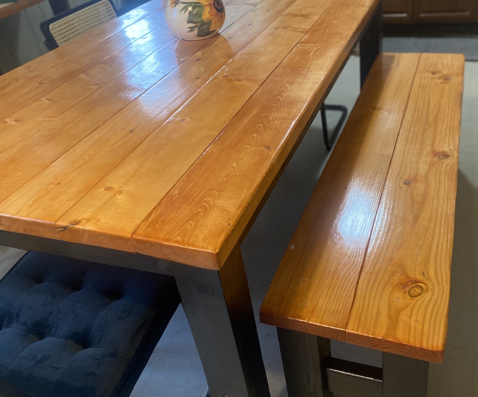 Custom pine dining table with a matching bench